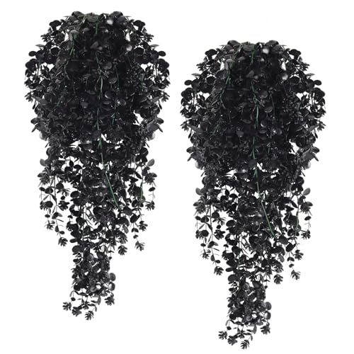 RECUTMS Fake Hanging Eucalyptus Plant 4 Pack Faux Flowers Leaf Greenery Vine Decor Fake Greenery 2.5FT for Indoor Outdoor Halloween Party Fall Room Wall Wedding Patio Porch Decor Black - color: Style3-black