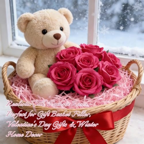 Felice Arts 12 Pack Hot Pink Artificial Roses with Stems Fuschia Silk Rose Fake Flowers for Wedding Bridal Bouquet Vase Table DIY Cake Valentines Decoration Decor - color: Rosered