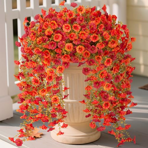 Hrobek Artificial Fall Hanging Flowers for Decoration, 2pcs Long Vine Fake Flowers Plants Morning Glory, Realistic Faux Petunias for Planter Patio Porch Garden Autumn Outdoors Dec, Orange Red - color: Z-orange Red