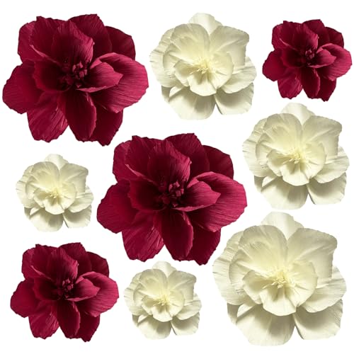 BRT Bearingshui Crepe Paper Flowers Decoration for Wall Total 9 Pcs, Artificial Flowers Backdrop for Wedding Decor Baby Bridal Shower Birthday Party, Burgundy Cream 3D Wall Flowers Decor - color: Burgundy Cream