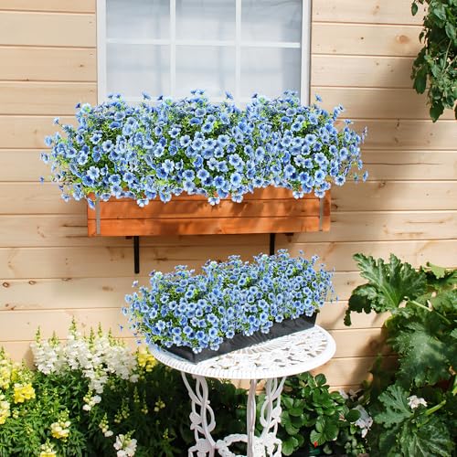Sggvecsy Artificial Flowers for Outdoors 12 Bundles Realistic Faux Plants UV Resistant Fake Silk Daisy with Eucalyptus for Boxwood Planter Patio Porch Outside Spring Summer Decoration(Blue) - color: Blue