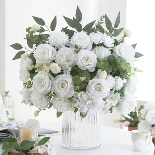10 Pcs Mixed Artificial Flowers Set, Artificial Peony Bouquet Fake Rose Flower Silk Floral Arrangements for Table Centerpiece Home Wedding Party Bridal Vase Decoration(White, 6 Bouquets & 4 Stems) - color: White, size: Mixed 10pcs