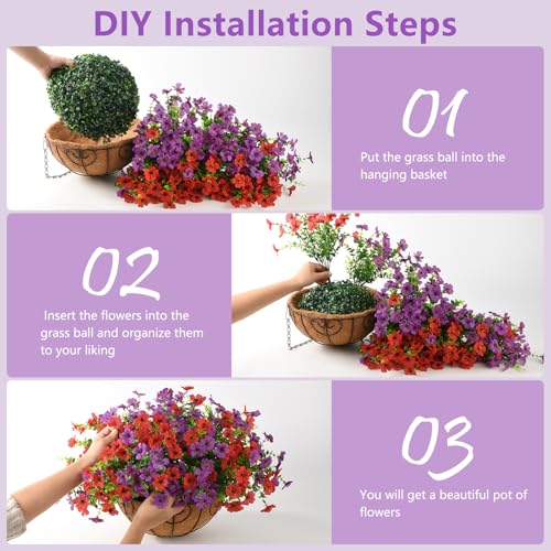 Artificial Flowers Hanging Baskets, 12 Bundles Faux Flower Outdoor Hanging Basket Spring Summer Decoration, Fake Flowers Plants for Porch Patio Balcony Home Yard Decor(Light Purple Red) - color: Light Purple,red