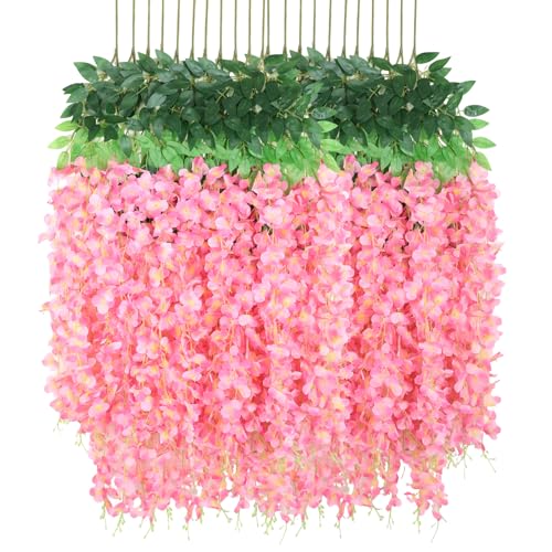 12 Pack Wisteria Hanging Flowers, Fake Hanging Flowers, 3.61 Ft Artificial Flower Vines Strings, Silk Wisteria Flowers for Home Wedding Arch Backdrop Outdoor Party Garden Yard Decor (Pink) - color: Pink, size: 12 Pack