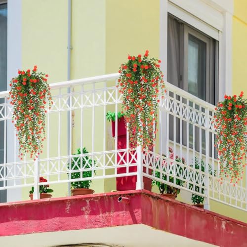 Artificial Hanging Flowers for Outdoor Indoor Decor, 6 Packs Fake Eucalyptus Vine Faux Flower Greenery Garland Plastic Plants Outside UV Resistant Wall Garden Wedding Home Party Decor (Orange) - color: Orange