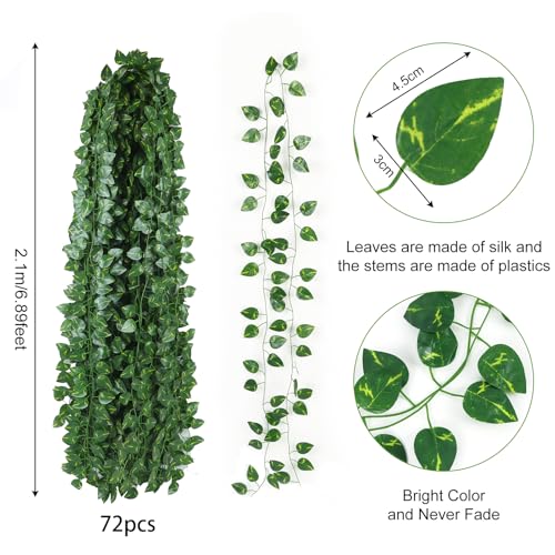 CEWOR 72 Pack 474ft Fake Vines with Leaves for Bedroom Decoration, Ivy Garland Fake Ivy Leaves Artificial Greenery Garlands Hanging Vines for Room Decor Wedding Wall Indoor Outdoor - size: F-72pcs of Vines with 0 LED lights
