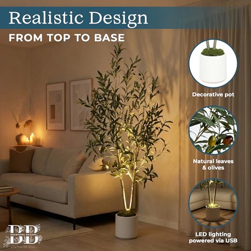 5ft (150 cm) Artificial Olive Tree with White Pot, Moss & USB LED – 711 Leaves, 40 Olives, Realistic Fake Indoor Potted Plant for Home, Bedroom, Office & Living Room Decor - size: 5ft (150 cm)