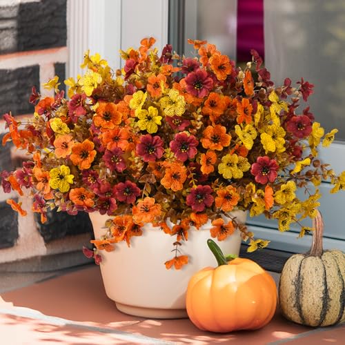 INQCMY Artificial Fake Fall Plants Flowers for Outdoor Outside Decoration,12 Bundles Faux Silk Colorful Daisy UV Resistant Look Real No Fade for Front Door Porch Patio Yard Balcony Autumn Decor - color: Orange Yellow Brown, size: 12 PCS