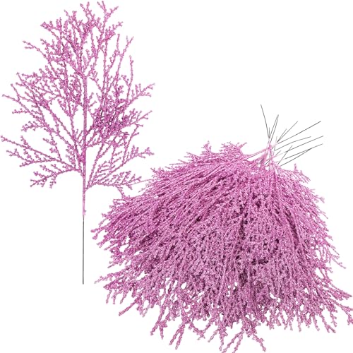 Winlyn 15 Pcs Pink Cedar Glitter Sprays Picks Christmas Floral Picks Artificial Cedar Branches Stems Pink Christmas Tree Picks for Wedding Bouquet Wreath Supply Floral Arrangement Holiday Decor - color: Pink
