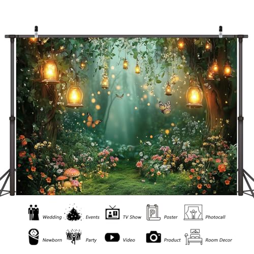 Spring Enchanted Forest Backdrop, Fairy Tale Wonderland Garden Backdrops for Photoshoot, Mushroom Butterfly Woodland Fairy Tea Party Decorations Photo Booth Studio Props Backdrops 7X5FT - color: Green, size: 7X5FT