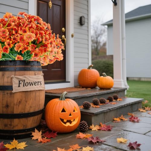 16 Bundles Artificial Mums Flowers for Outdorors, UV Protected No Fade Fall Flower for Porch Display Patio Garden Decor Autumn Thankgiving Halloween Decorations (Orange) - color: C - Orange