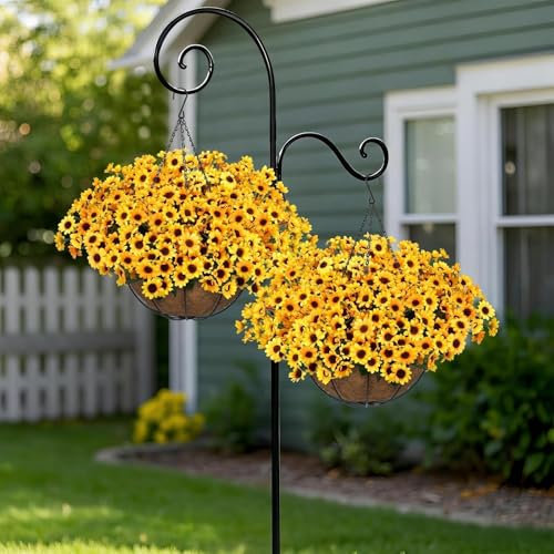 Zythrem Artificial Flowers Hanging Basket UV Resistant Faux Flower Hanging Baskets for Outside Large Silk Hanging Sunflower Decor Fake Mums for Front Porch Yard Gardeng Patio Summer - size: 13in