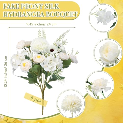 Tigeen 6 Bundles Artificial Bouquet Flowers Artificial Peonies Faux Roses Silk Flowers Hydrangea Bouquet for Wedding Table Centerpiece Floral Vase Decor(White) - color: White