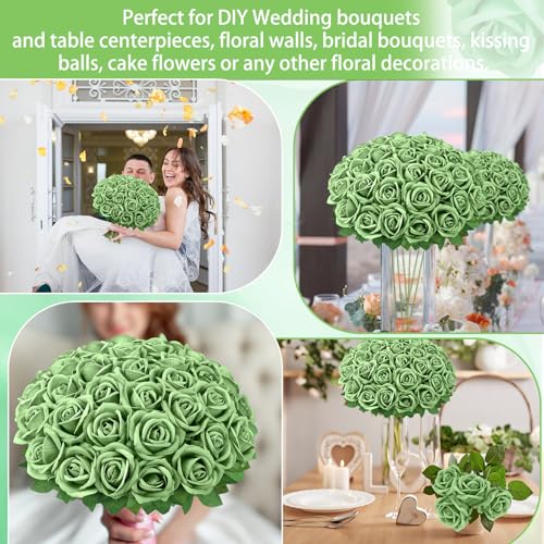 36 Pcs Velvet Texture Sage Green Artificial Flowers Bridal Bouquet, Fake Rose Long Stem Realistic Flowers Bulk for Valentine's Day Wedding Bouquet Ball Arrangement Centerpiece Party Home Deco - color: Sage Green