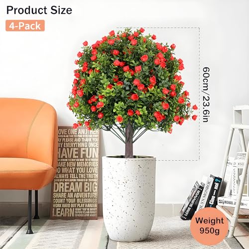 Set of 4 Artificial Boxwood Topiary Ball Trees with Red Flowers, 24" UV Resistant Fake Shrubs with Ground Spike, Faux Greenery for Garden, Yard, Porch, Patio & Indoor Outdoor Decor