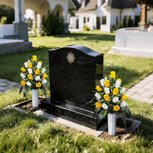 XONOR 2 Sets Artificial Cemetery Flowers, Grave Decorations Roses, Memorial Flowers Bouquet with Vase for Grave Cemetery Decoration (Yellow&White) - color: Yellow&white