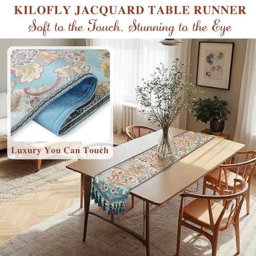 kilofly Elegant Floral Brocade Jacquard Table Runner Tassels (89 x 12 inches) - color: Blue, size: 89*12 inch