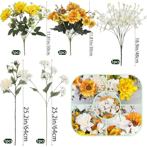 6 Pcs Fall Flowers Artificial for Decoration Silk Camellia Flower Autumn Centerpiece Sunflowers Orange Fall Florals Stems White Faux Flowers Arrangements for Cemetery Wedding Indoor Home Decor