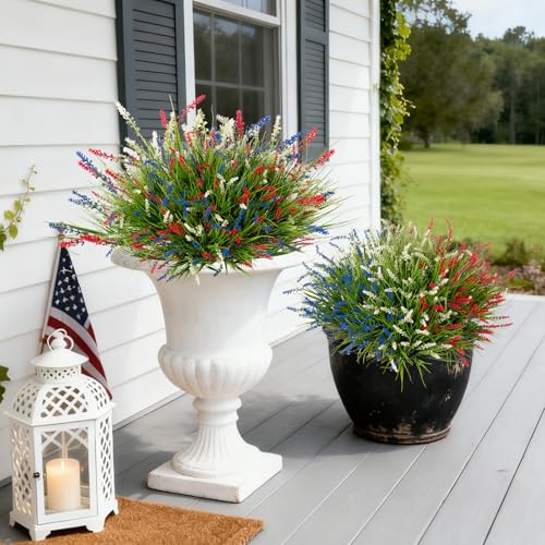 Ammyoo Artificial Faux Plants for Outdoor Spring Decoration, 12 Pcs Fake Monkey Grass for Garden Porch Balcony Planters, Fake Flowers Shrubs UV Resistant No Fade Plants Greenery Bush (Red Blue White) - color: Red Blue White, size: 12 Pcs