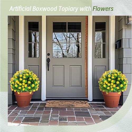 Yunlly Set of 6 Artificial Boxwood Topiary Ball Tree 16 Inch Outdoor Topiary Tree with Flower Fake Bushes, UV Resistance Faux Shrubs Evergreen Plant with Spike for Front Porch Indoor Decor (Yellow) - color: Yellow