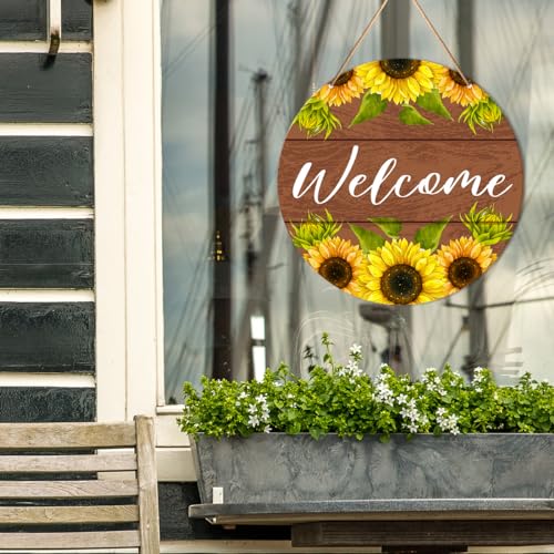 Muktoujaumai Welcome Sign Front Door Decor, Summer Welcome Round Hanging Sign Decor Farmhouse Sunflower Wall Decorations Wood Sign for Door, Porch, Home, Housewarming Gift for New House Friend Family - color: Y4