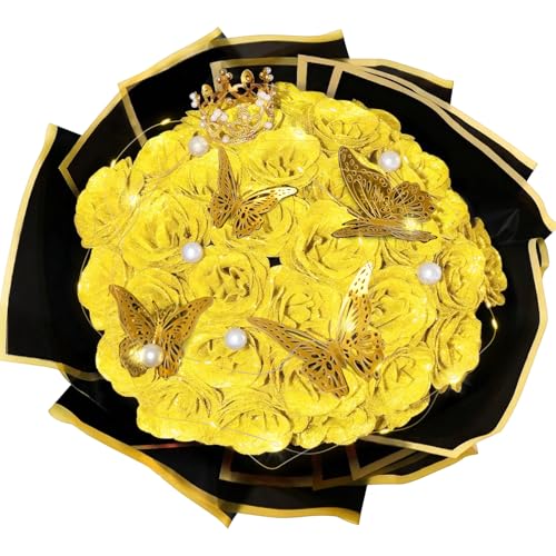 Yellow Glitter Roses Bouquet, 36 Pcs Shiny Glitter Flowers Bouquet, Everlasting DIY Artificial Roses Bouquet for Christmas, Birthday, Anniversary, Wedding, Engagement - color: Yellow-a, size: 36 PCS