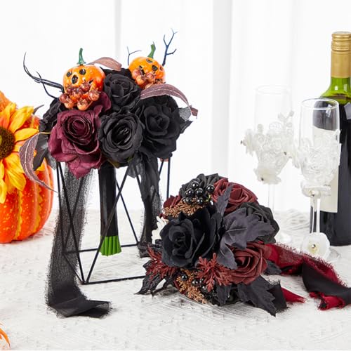 Wedding Bouquets - Black & Burgundy, Gothic Style for Bride & Bridesmaid - Artificial Rose Flower Bouquet - color: Rose Pumpkin