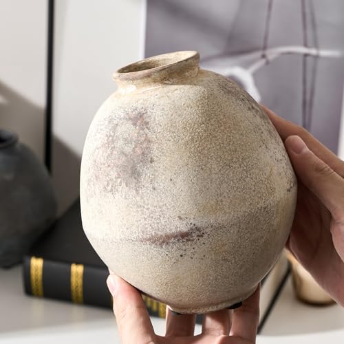 PORCER Ceramic Flower Vase, 6.22 Inch Rustic Farmhouse Vase Home Decor, Handcrafted Vintage Pottery Vase, Small Terracotta Vases for Living Room, Table, Shelf, Fireplace-Natural Brown - color: Natural Brown- 6.22"