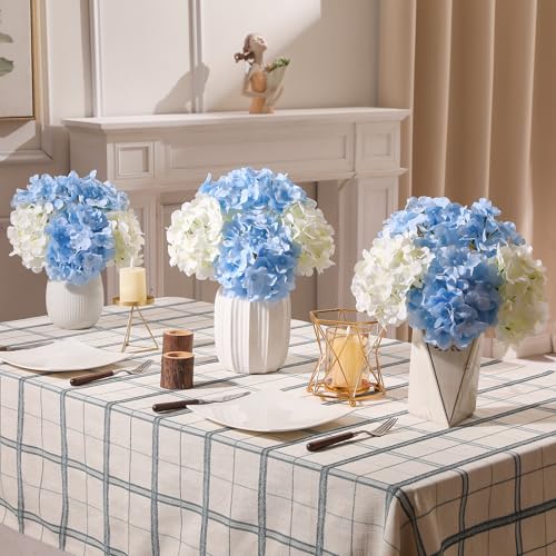 Tifuly 24 Pcs Blue and White Hydrangea Artificial Flowers Bulk, Faux Hydrangea Full Flowers Heads with Stems, Fake Silk Flowers for Wedding, Garden, Home, Party Decoration - color: Blue White