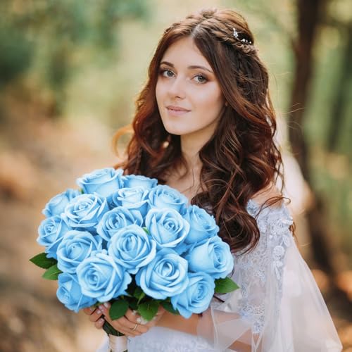 Rose Artificial Flowers Velvet Bouquet with Long Stem Real Touch Fake Roses Florals for Bridal Wedding Bouquet Party Arrangement Centerpiece Decorations (36, Light Blue) - color: Light Blue