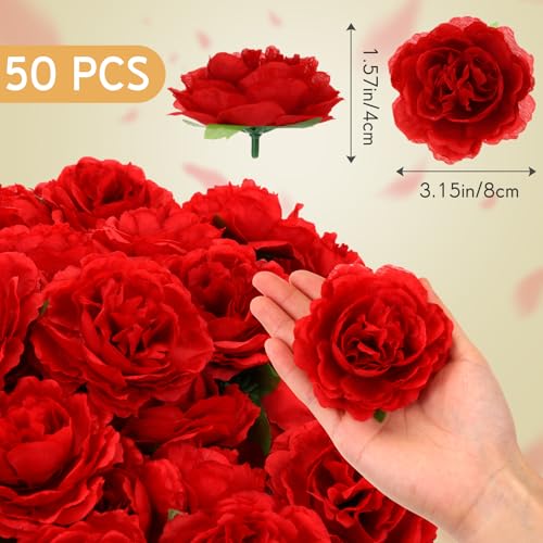 Thiccywoov 50 Pcs Artificial Flowers, 3.2 Inches Silk Rose Head Flowers Fake No Stem for Wedding Bridal Bouquet Home Floral Decor DIY Centerpieces Arrangements Party Tables Decoration(Red) - color: Red