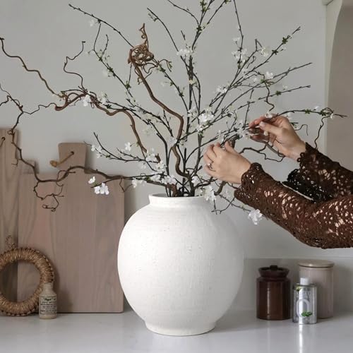 11" White Ceramic Vase, Rustic Farmhouse Living Room Home Decor | Artisan Handcrafted Large Ceramic Vase,Round Ceramic Flower Vase - size: 11.1Inch