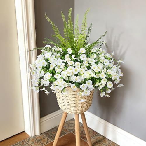 Hrobek Artificial Flowers for Outdoors Faux Plants Outside Indoor,UV Resistant Silk Fake Morning Glory Tall Ferns for Home Patio Garden Back Yard Front Porch Decor Spring Summer(13 Bunches,White) - color: 2 Color Mixed (12 White,1 Tall Fern)