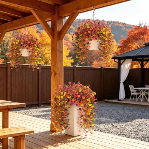 Fake Mums Artificial Fall Hanging Flowers for Outdoors Decoration 2 PCS Faux Mums for Outdoor Planters Fake Plants Look Real Daisy Flower No Fade Autumn Decor for Porch Home Patio Balcony and Yard - color: Orange Brown Yellow