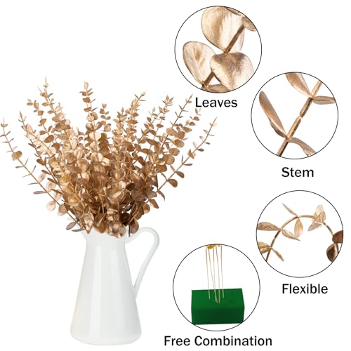 FEQO 90 Pcs Gold Eucalyptus Stems Artificial Leaves Faux Eucalyptus Stems Branches 15 inch for Wedding Bouquet Home Decor - color: Gold, size: 90 pcs