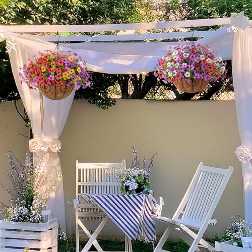Homsunny Artificial Faux Hanging Flowers Plants with Basket for Outdoor Spring Decoration, Fake Silk Daisy Outside Indoor UV Resistant Look Real Yard Patio Front Porch Garden Balcony Home Decor(Mix4) - color: Pink White Purple