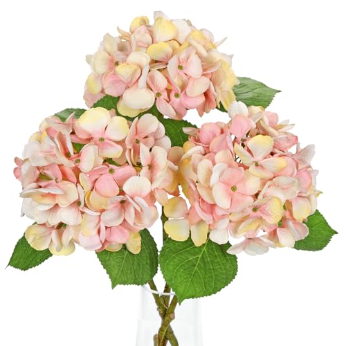 Pink Artificial Hydrangea Flowers 18.8 Inch Long with 6 Inch Full Realistic Bloom Lifelike Silk Faux Hydrangea Stems for Wedding Bouquet, Table Centerpieces, Party Decor, Home Indoor Decoration - color: Peachy Pink