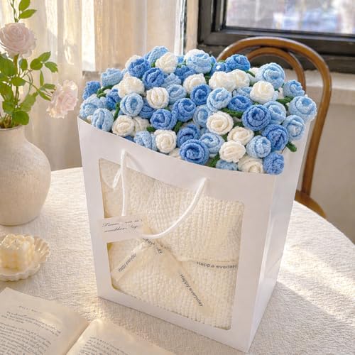 Crochet Flower Bouquet Throw Blanket, Cute Romantic Gift for Her Girlfriend Mom Mother’s Day Valentine Wedding Anniversary Birthday (Blue, 32 inches) - color: Blue, size: 32 inches