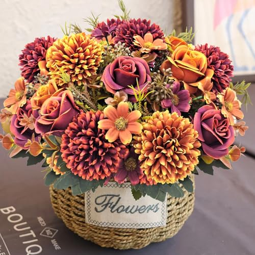 3 Pcs Fall Flowers Artificial Mums Silk Chrysanthemum Rose Daisy Bouquet Fake Mum Faux Floral Arrangements Home Indoor Outdoor Planter Decor Party Wedding Table Autumn Decoration - color: Fall Colors -a