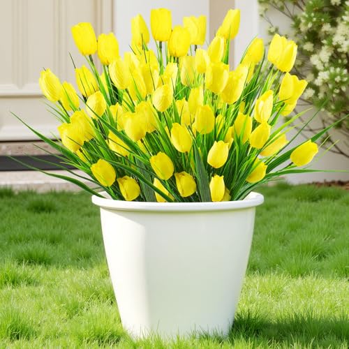 12 Bundles Tulips Artificial Flowers, 60 Heads Outdoor Artificial Tulip Faux Plastic Greenery Shrubs Plants UV Resistant for Easter Home Outside Garden Porch Window Decor (Yellow) - color: Yellow, size: 12 PCS