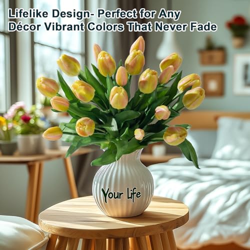 Bailikang 20PCS Fake Tulips 12' Artificial Tulip Silk Flowers Fake PU Bouquet Artificial Flowers Faux Flowers with Gift Box Soft Faux Tulips Bouquets Arrangements for Party Wedding Home - color: Yellow