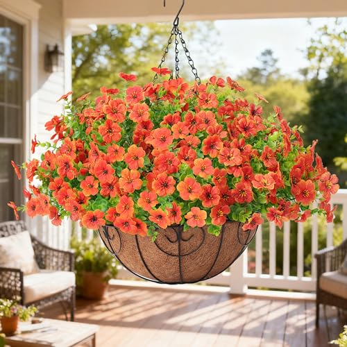 Artificial Fake Hanging Plants Flowers Basket Outdoors Summer Autumn Decor, Hanging Planter with Faux Silk Daisy Flowers Realistic UV Resistant for Outside Home Porch Front Patio Balcony Garden Orange - color: Orange