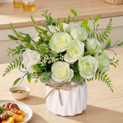 Green Artificial Silk Roses with Ceramic Vase, No Maintenance Faux Flower Arrangement, 6.3 Inch Realistic Table Decor for Home Office Wedding - color: Green