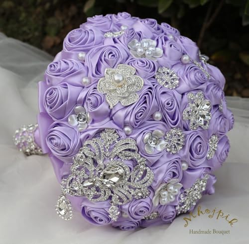 Bridal Wedding Bouquet Round Bling Brooch Bouquet Artificial Rose Flower Bunch for Bride Bridesmaid Wedding Quinceanera(Light Purple, 8.7") - color: Light Purple*, size: Medium (Dia. 8.7"/22cm)