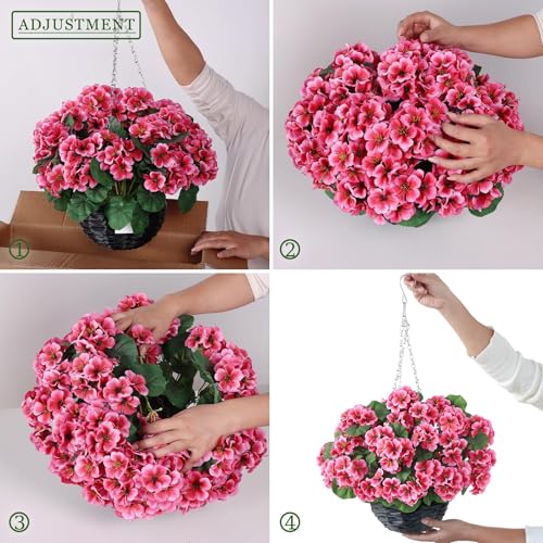 GLIDLION 2 Set Artificial Geraniums Flowers with Hanging Baskets for Outdoors - Sun Resistant Silk with Geranium Flowers, Fake Hanging Planters for Front Porch Garden Patio Home Decor (Peach Pink) - color: Peach Pink