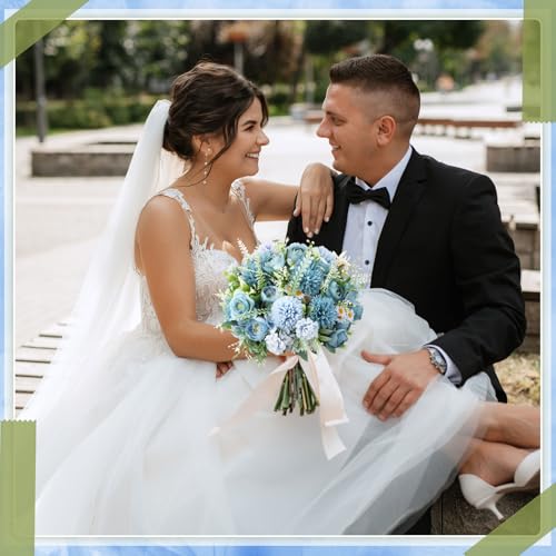 Tigeen 6 Bundles Artificial Bouquet Flowers Artificial Peonies Faux Roses Silk Flowers Hydrangea Bouquet for Wedding Table Centerpiece Floral Vase Decor(Blue) - color: Blue