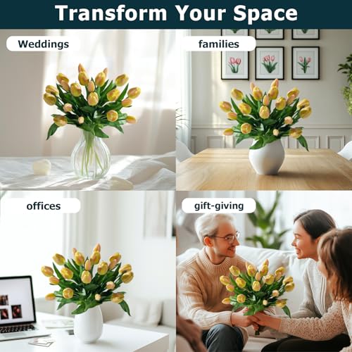 Bailikang 20PCS Fake Tulips 12' Artificial Tulip Silk Flowers Fake PU Bouquet Artificial Flowers Faux Flowers with Gift Box Soft Faux Tulips Bouquets Arrangements for Party Wedding Home - color: Yellow