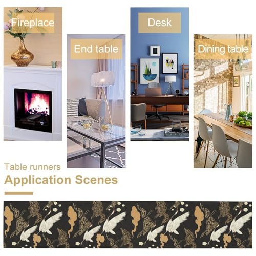 Crane Table Runner, Vintage Luxury Black Golden Asian Japanese Abstract Bird Cloud Tree Table Runner for Kitchen Outdoor Dining Banquet Party 13x36in - color: Crane-1, size: 13x36in