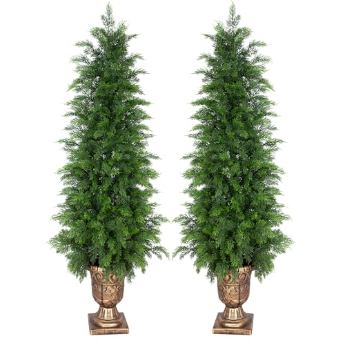 Bellacat 4ft UV Resistant Topiary Trees Artificial Outdoor with Urn Planter & Soft Real Touch Leaves, 48in Lifelike Faux Cedar Tree, Fake Cypress Tree for Front Door Porch Patio Deck Home Decor, 2Pack - color: Golden Urn Planter-2pack, size: 4ft