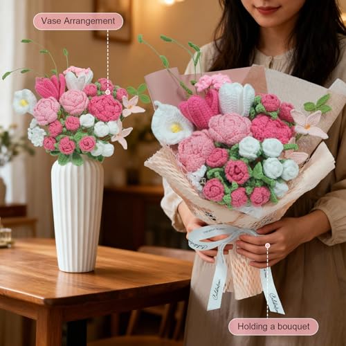 Crochet Flowers Bouquet,Handmade Luxurious Knitted Rose Tulips,Artificial Flower Bouquet for Her, Wife,Lover ,Girlfriend ,Mother, Anniversary,Graduation,Friends,Valentines Day (with Gift Bag&Card) - color: Rose&pink, size: X-Large